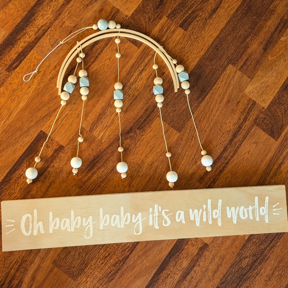 Nursery Wooden Wall Decor Sign And Wooden Mobile With Beads